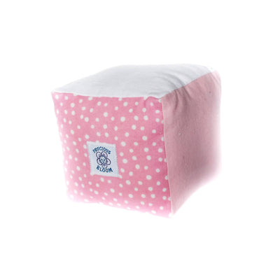 An organic cotton play/learning block in Confetti Pink, White and Pink flannel, and stuffed with organic cotton batting, part of the So Soft Organic Baby Accessories Gift Package.